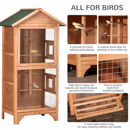 PawHut Wooden Bird Aviary Outdoor Bird Cage for Finch, Canary w/ Removable Tray, Asphalt Roof - Orange - Outlet Online UK