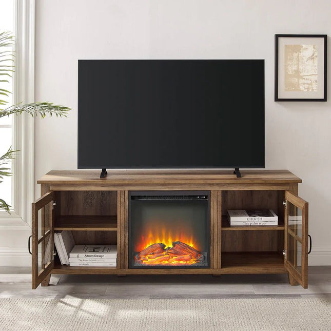 58" Glass Door Fireplace TV Stand - Rustic Oak - Outlet Online UK