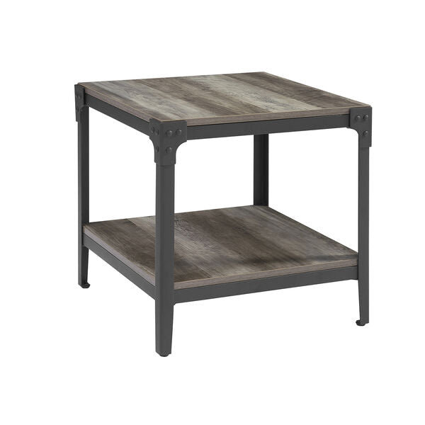 Angle Iron Rustic Wood End Table, Set of 2 - Grey Wash - Outlet Online UK
